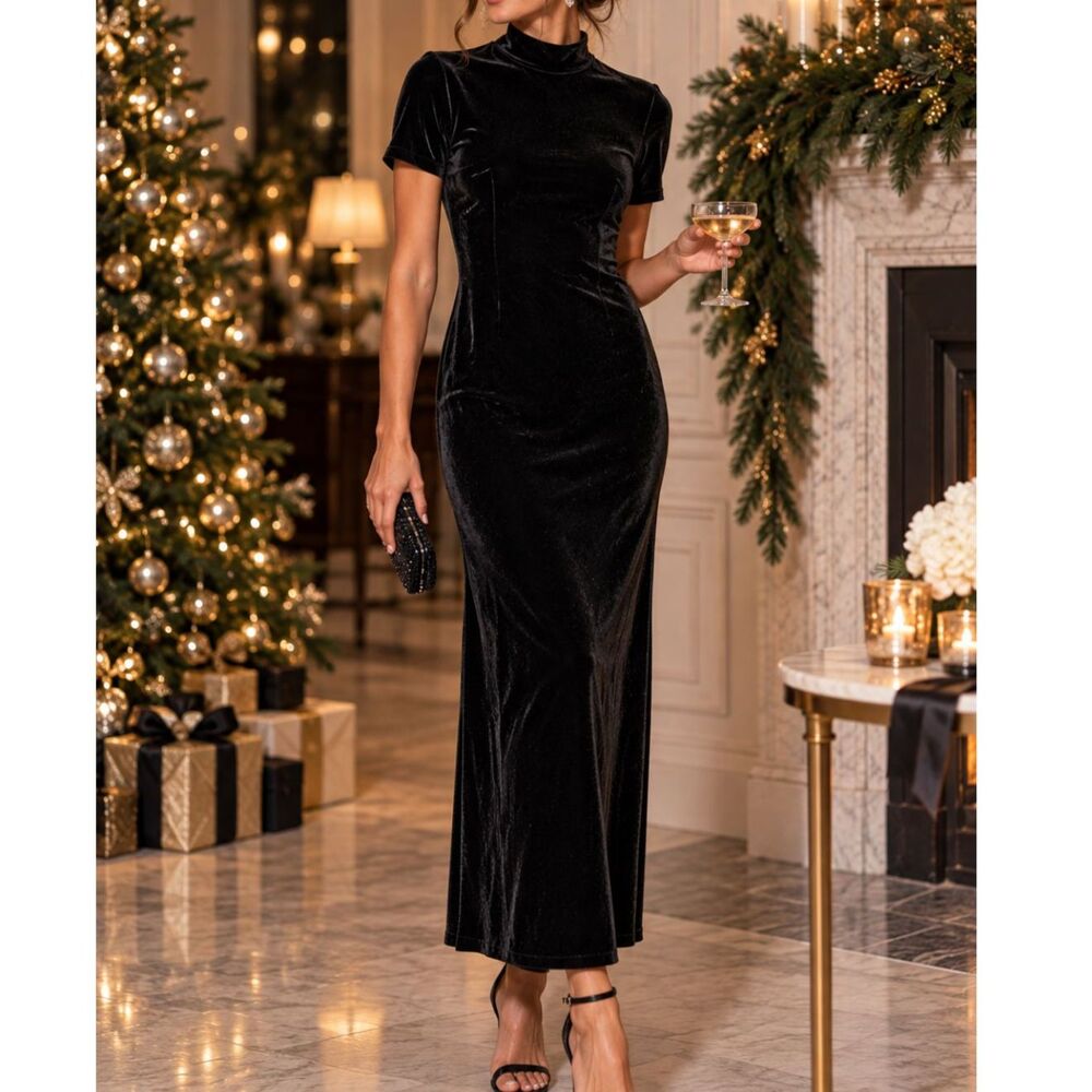 Vintage 90s Helene Blake Black Velvet Maxi Dress Small Mock Neck Holiday Party